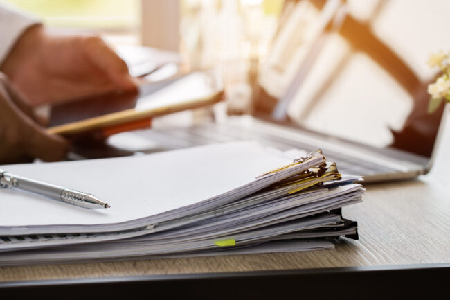 Paper stack, Pile of unfinished documents on office desk related